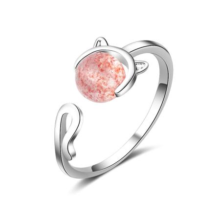 Sølvbelagt rosa krystallkattperle justerbar ring kvinner jenter smykker gave,