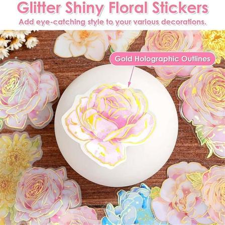 180 stk gullfolie blomsterklistremerker for scrapbooking, blomsterklistremerker med gullholografiske konturer