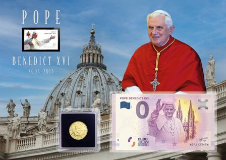 Vatikanstaten - Pave Benedikt XVI - 1 mønt, 1 0-Euro souvenir-pengeseddel og 1 frimærke