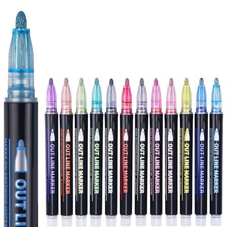 Outline Magic Pens Adventskalender Jenter 12 Farger Dobbel Linje Glitterpenner Metalliske Magiske Penner for Maling, Gavekort, Scrapbooking, Håndverk,