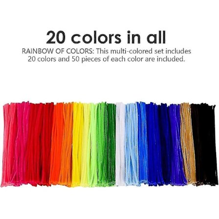 Piberensere, 1000 stk. og 20 assorterede farver, 30 cm Chenille-stængler til DIY kunst, kreative håndværk og dekorationer