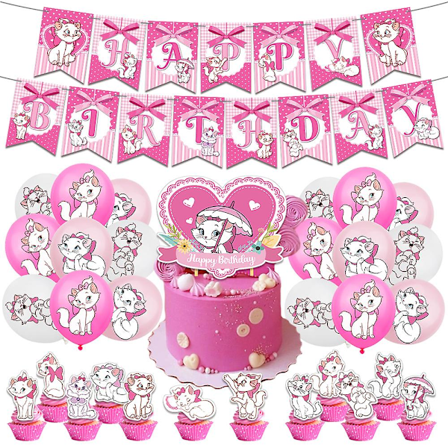 AristoCats Marie Cat Rosa Tema Bursdagsfest Tilbehør Dekorasjoner Sett Banderol Ballonger Kake Cupcake Toppers