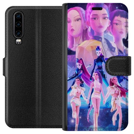 Yhteensopiva Lompakkokotelo Huawei P30 K-pop-inspiroinut tulevaisuutta ennakoiva tyttöryhmä neonvaloissa ja kosmisessa sci-fi-esiintymislavalla