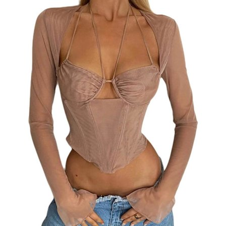 Dam sexig långärmad mesh Sheer Crop Top Cutout Halter Bustier Blus