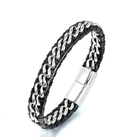 Barnearmbånd for gutter, håndlaget | Ekte skinn, svart | Magnetlås i rustfritt stål i sølv | Med titankjede i gull