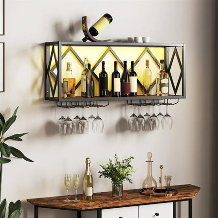 Væghængt vinreol med glasholder og LED-belysning