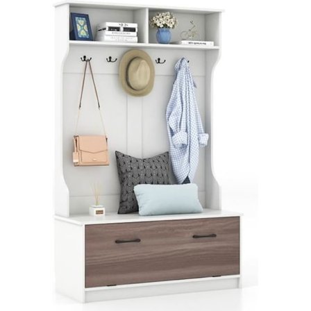 COSTWAY 4i1 Garderobe med Skoopbevaring, Entrémøbel med Bænk og 5 Dobbeltkroge 100x40x160 CM Hvid
