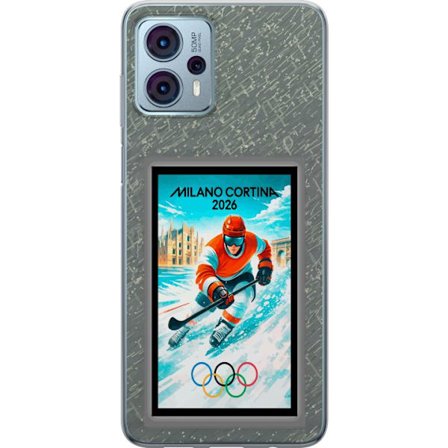 Yhteensopiva Puhelinkuori Motorola Moto G23 Curlingkuvitus pelaajilla ja kivillä jäällä, Milano Cortina 2026, lumisia roiskeita ja olympiasormukset