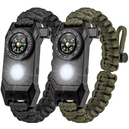 2 stk. Sort og Grøn Overlevelses Paracord Armbånd - Taktisk Nød Gear Sæt Med SOS LED Lys, Justerbar, Multiværktøj, Ildsted, Kompas og Fløjte