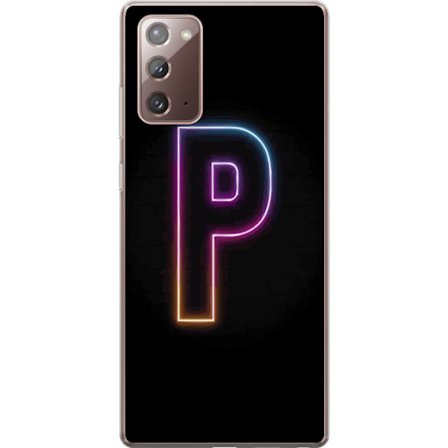 Kompatibel Mobilcover til Samsung Samsung Galaxy Note20 Minimalistisk neonbogstav P i farvegradient og lyseffekt mod sort baggrund i digital neonstil