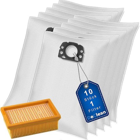 10 dammsugarpåsar + 1 filter kompatibla med Kärcher fleecefilterpåsar KFI 487, 2.863-006.0