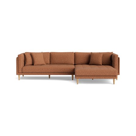 Cali Chaiselong Sofa, Højrevendt - Puente Terracotta - 295x170x76cm - Bred Chaiselong med 4 Pyntepuder & Bøgetræsben