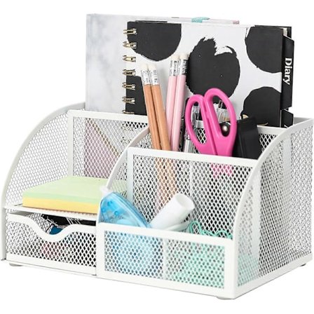 Skrivebordsarrangør/Mesh Skrivebord Caddy/Blyant Holder Multifunksjonell med 7 Rom - Hvit