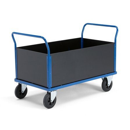 Platform trolley TRANSFER, high wooden sides, 1200x800 mm, elastic rubber, with brakes