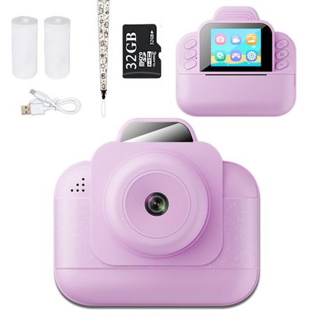 Børne Instant Kamera 1080p HD Video Print Kamera 32G kort, lilla