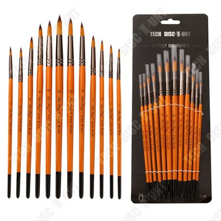 Vattenfärgsborstar - TD - Set om 12 - Nylonhår - Trähandtag - Aluminiumrör