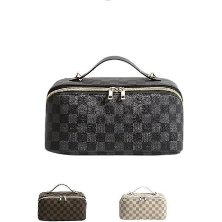 Makeup Taske, PU Rejse Kosmetiktaske Stor Kapacitet Kosmetik Etui Bærbar Lynlås Toilet Taske med Rumdelere og Håndtag til Kvinder Piger (Sort)
