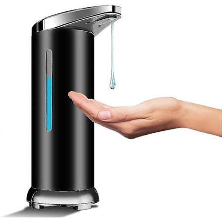 Automatisk sæbedispenser i rustfrit stål, berøringsfri sanitizerdispenser med infrarød sensor, justerbar kontakt og vandtæt base (sort batteri)