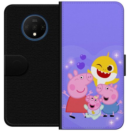 Kompatibelt Lommeboketui til OnePlus 7T Peppa Gris mønster med hjerter, sommerfugler og venner, lys rosa bakgrunn i myke barneillustrasjoner