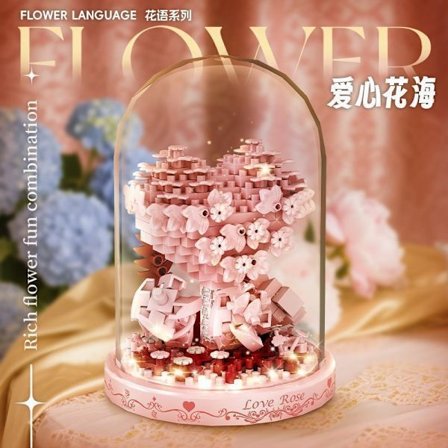 Micro Brick Evig Blomstersæt | Mini Buket Byggesæt med Gaveæske & Støvdække | Dekorativ Blomstermodel *Hjerteformet Blomsterhav*base