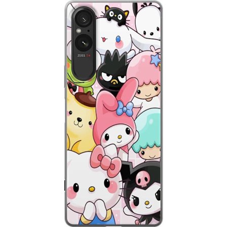 Kompatibelt Mobildeksel til Sony Xperia 5 V Tett mønster av søte figurer med store øyne i ulike farger og uttrykk med LABUBU-tekst