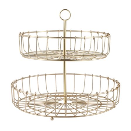 2 etasjers fruktkurv i jern, rund, gyllen, nordisk husholdningsmatbeholder for fest, skrivebord, kjøkken
