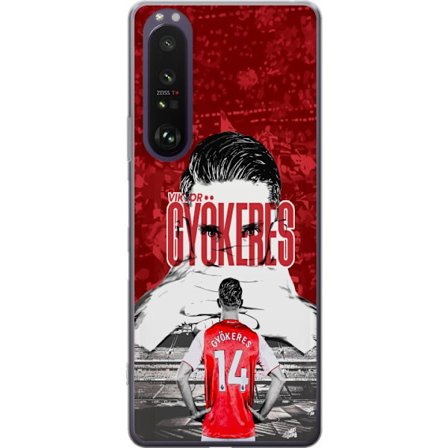 Yhteensopiva Puhelinkuori Sony Xperia 1 III Punainen dramaattinen kollaasikuva, jossa esiintyy Viktor Gyökeresin muotokuva ja pelaajia takaapäin areen