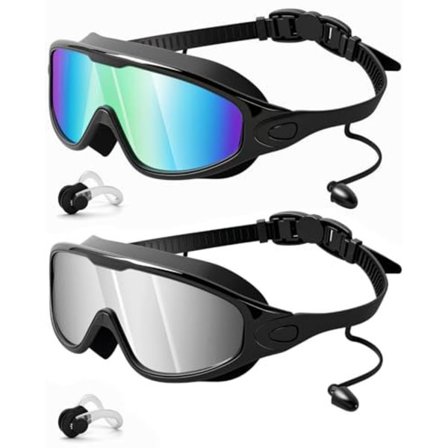 2-pakke Anti-dugg Svømmebriller, 180° Panoramautsikt, Komfortable Vanntette Silikonbriller med UV-beskyttelse