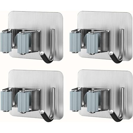 Seinälle kiinnitettävä luuta- ja moppiteline, ruostumaton teräs, liimakiinnitteinen moppiteline koukuilla, monitoiminen luutakaappi keittiöön, 