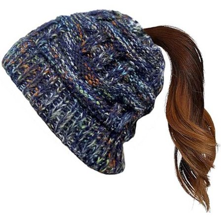 Messy Bun Ponytail Beanie Hat Farvet Kabelstrik Hue til Kvinder Piger Vinter