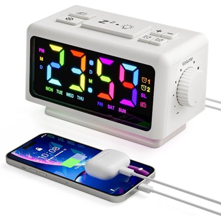 Radiovækkeur, Sengevækkeur med FM-radio Dobbelt vækkeur 12/24 timers digital vækkeur med snooze-funktion, sleep-timer, dæmpning, urradio