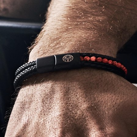 Bracelet Naxos en cuir noir et perles de jaspe impérial rouge pour hommes - Bracelets de perles