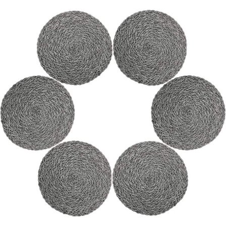 Pletresistent, varmebestandig, skridsikker, vaskbar polypropylen runde dækkeservietter (sæt med 6, grå flettet)