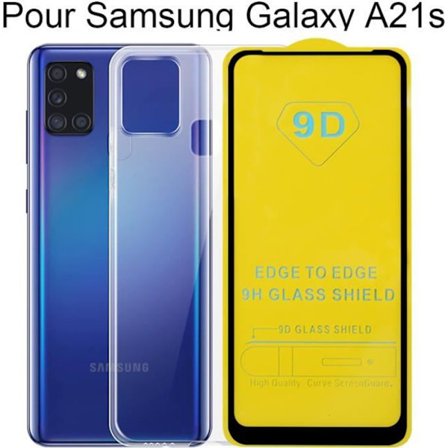 Härdat glas + fodral för Samsung Galaxy A21S helt härdat glas, 9H skärmskyddsglas