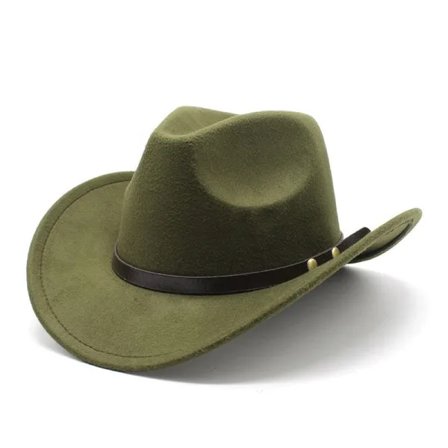 Amerikansk Western Cowboyhat Filt Hat til Mænd og Kvinder Ridehat Rullet Kant Faux Uld Jazzhat Cowboyhat Militærgrøn ArmyGreen