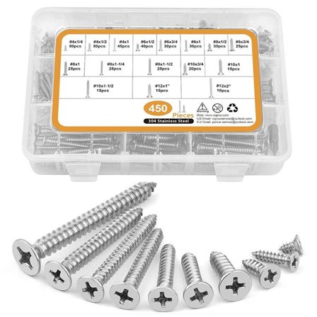 Kasse med træskruer 450 stk. i rustfrit stål