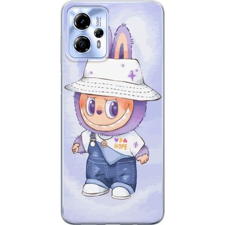 Kompatibelt Mobilskal till Motorola Moto G13 Tecknad lila kaninfigur med hatt och hängselbyxor, stora ögon och lekfull barnillustration i mild paste