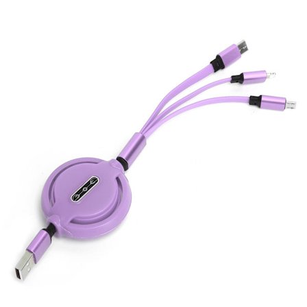 3-in-1 3A Teleskooppinen Pikalatauskaapeli Monipäinen Laturi Johto Violetti