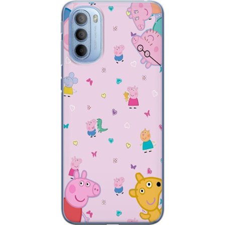 Kompatibelt Mobildeksel til Motorola Moto G31 Peppa Gris med en baby i armene, mamma gris motiv i fargerik og myk barneillustrasjon med hjerter