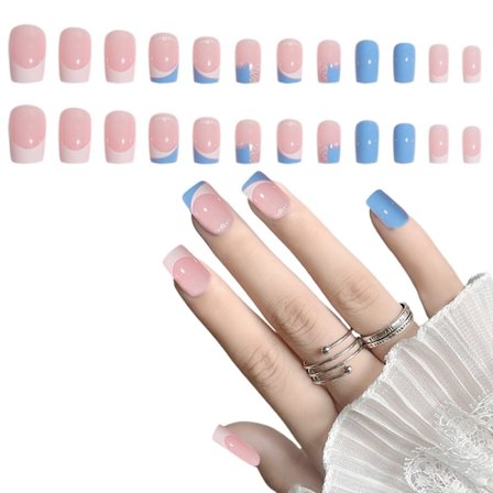 Korta tryck på naglar Akryl Fyrkantig Fransk Falska Naglar Fulltäckande Naken Falska Naglar för Kvinnor och Flickor 24 st