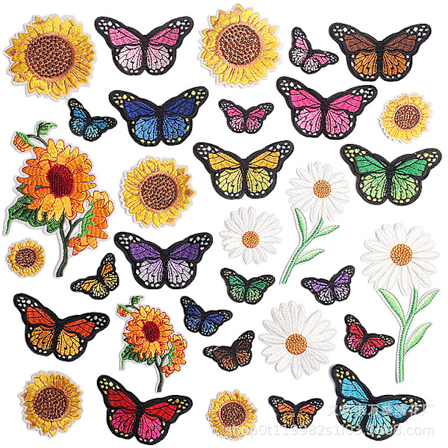 33 sommerfuglebroderi patches, der klæber solsikker, søde sting
