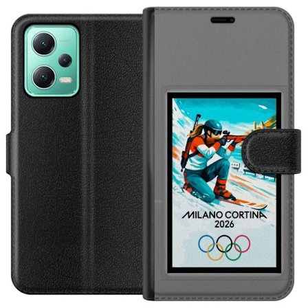 Yhteensopiva Lompakkokotelo Xiaomi Redmi Note 12 Retrojuliste Cortina Milano 2026 vuorilla, talviurheilijoilla, italiankoloreilla, Milanon tuomiokirko