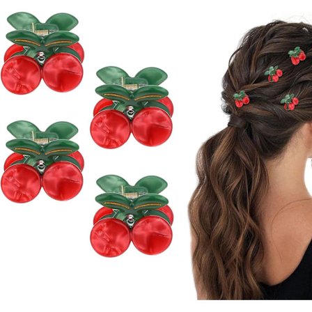 Fire hårklemmer, søde kirsebærhårklemmer, mini frugt hårklemmer, velegnet til tykt hår, hårpynt til kvinder og piger.