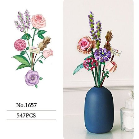 Byggsten Bouquet 3D Modell Leksak Heminredning Kruka Krysantemum Ros Blomma Montering Tegel Flickleksak Barnpresent