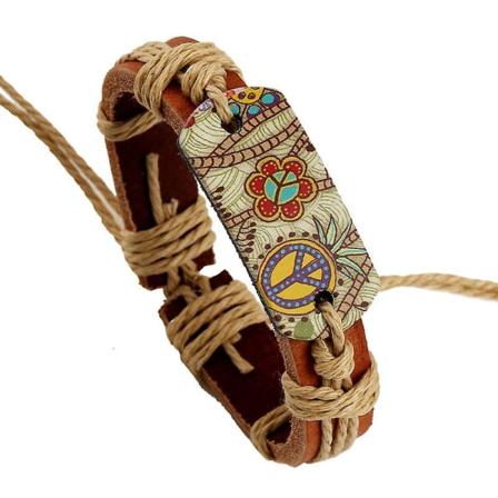 Populær smykke hamp reb flettet læder læderarmbånd retro stil varmeoverførsel patch fredstegn læderarmbånd