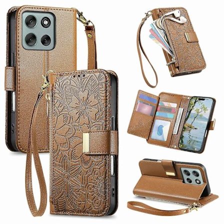 Blomstermønstret mobildeksel med flere kortspor og glidelås i skinn til Motorola Moto G56 5G med W [DB]