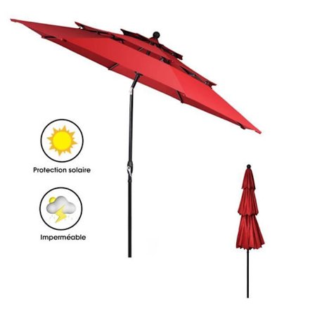 COSTWAY Parasol 3M Auto-inclinérbar i 3 Niveauer med Dobbelt Ventilation Betjening med Vinde Aluminium Stang Rød Vin