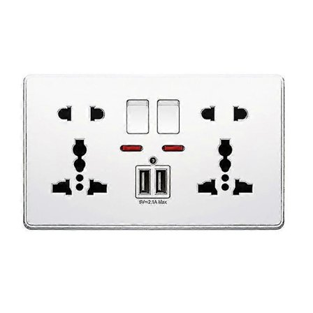 Multifunktionellt vägguttag UK 13A med tryckknapp, 2.1A dubbla USB-laddningsportar, trehåls tvåhåls vägguttag för hemmet