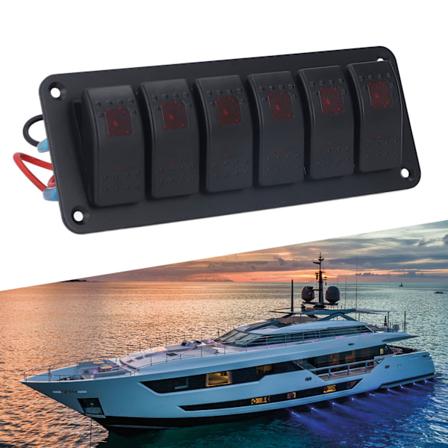 6-gang vippebryterpanel med LED-bakgrunnsbelysning, på/av-bryter, vanntett kretsbeskyttelse for bil, bobil, buss, båt, ATV, UTV, rød