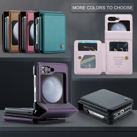 (För Samsung Z Flip 5) Premium PU-läder flipfodral med kortfack och kickstand